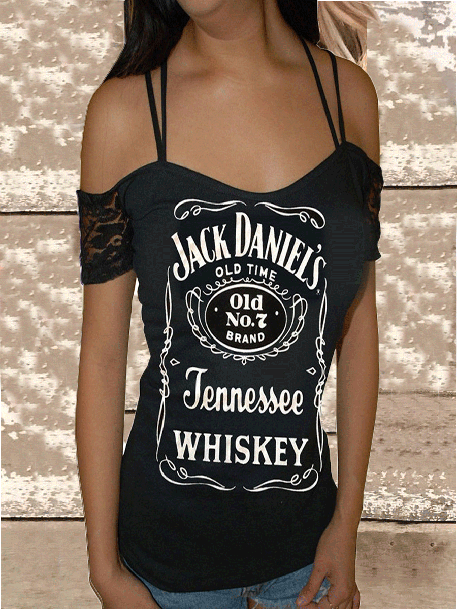 JACK DANIEL'S JENNESSEE WHISKEY Printed Lace Stitching Off-the-shoulder T-shirt