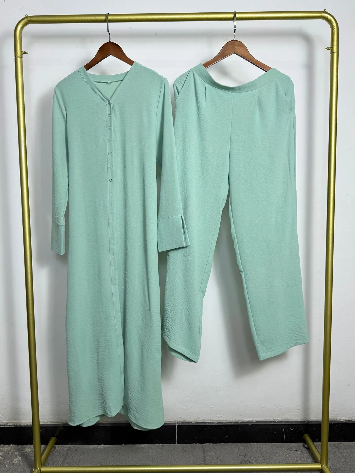 Women's V Neck Button Long Sleeve Maxi Tunic Top Wide Leg Pants Set