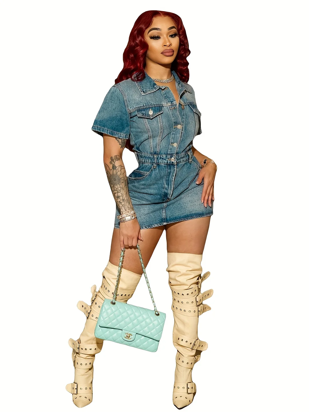 European And American Stylish Elastic Sexy Denim Skirt, Collared with Pockets, Featuring Elastic Button- Bodycon Dress, Short Skirt, Streetwear, Denim Dress For Women, Denim Dress Long, Denim Dress Women Plus Size, Jean Dress For Women Denim
