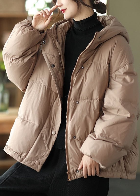 Boho Khaki hooded zippered Pockets Loose Winter Down Coat CK529- Fabulory
