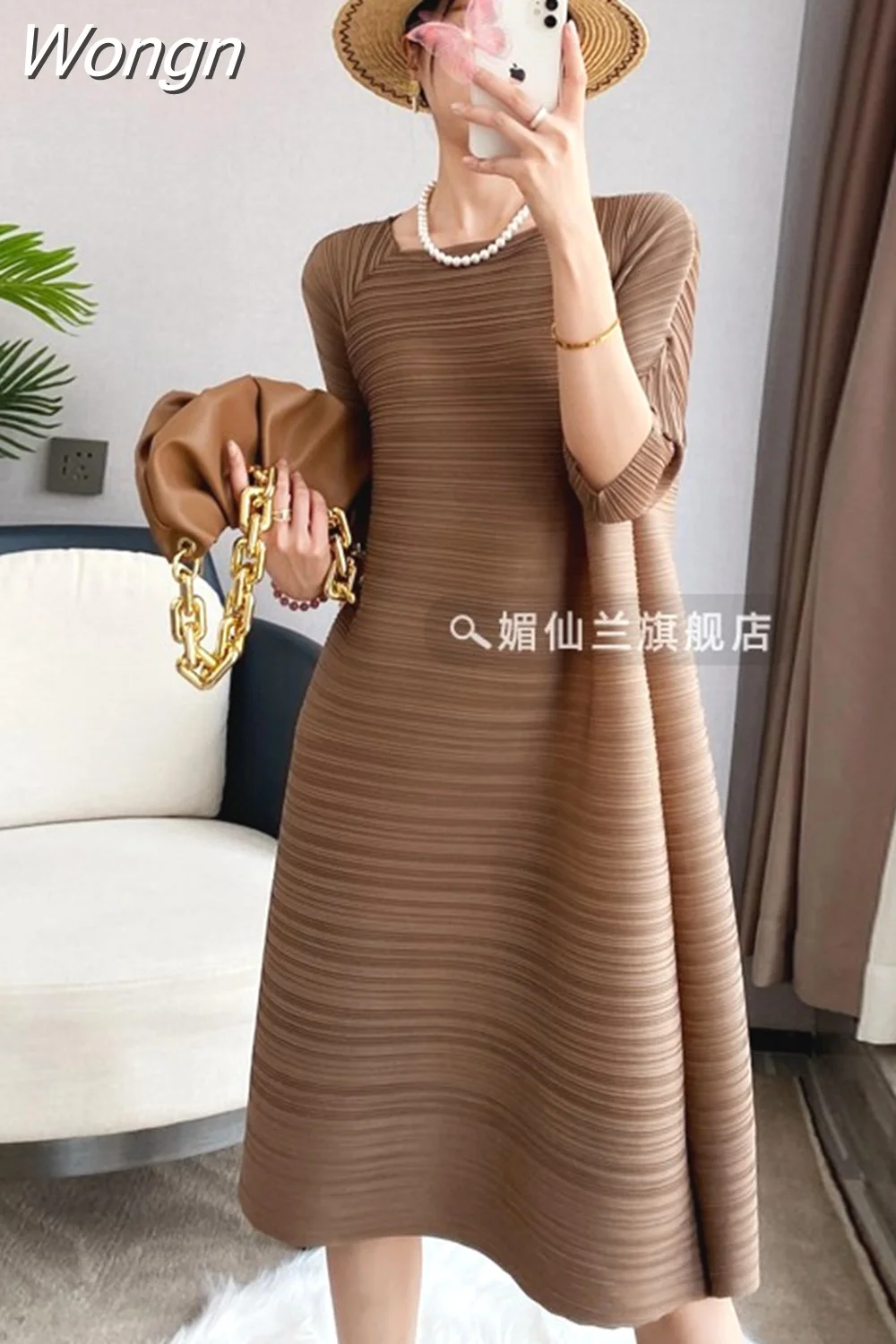 Wongn Pleated Dress Loose Covering Belly Large Size Elegant Party Dresses for Women Spring Summer 2023 New Skirt Robe
