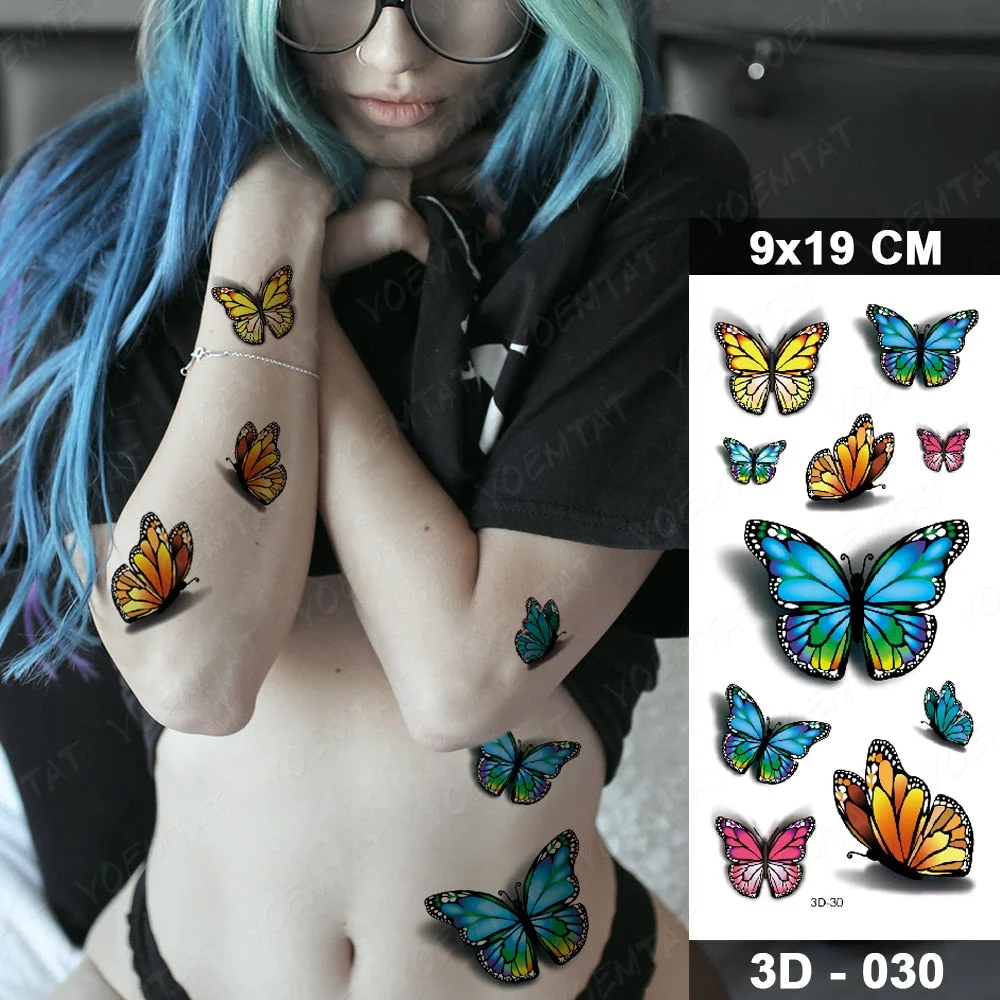 Temporary Tattoos Sticker For Women Body Art Tattoo Sticker 3d Butterfly Rose Flower Feather Tattoo Waterproof Halloween Gift