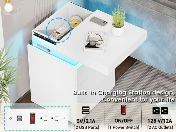 Product Introduction of Sikaic Nightstand With Sliding Top Charging Station And LED Lights Furniture Bedroom Modern Design Bedside Table Drawer Home 6