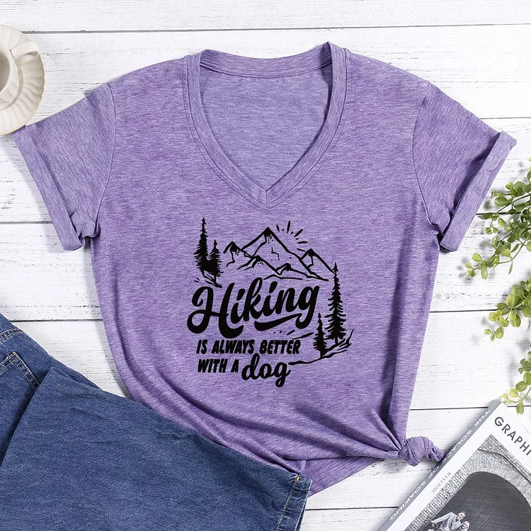 Hiking is always with a dog V-neck T Shirt