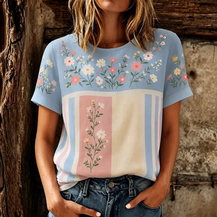 Women's Retro Floral Art Embroidered Patchwork Linen Blend Short Sleeve Top