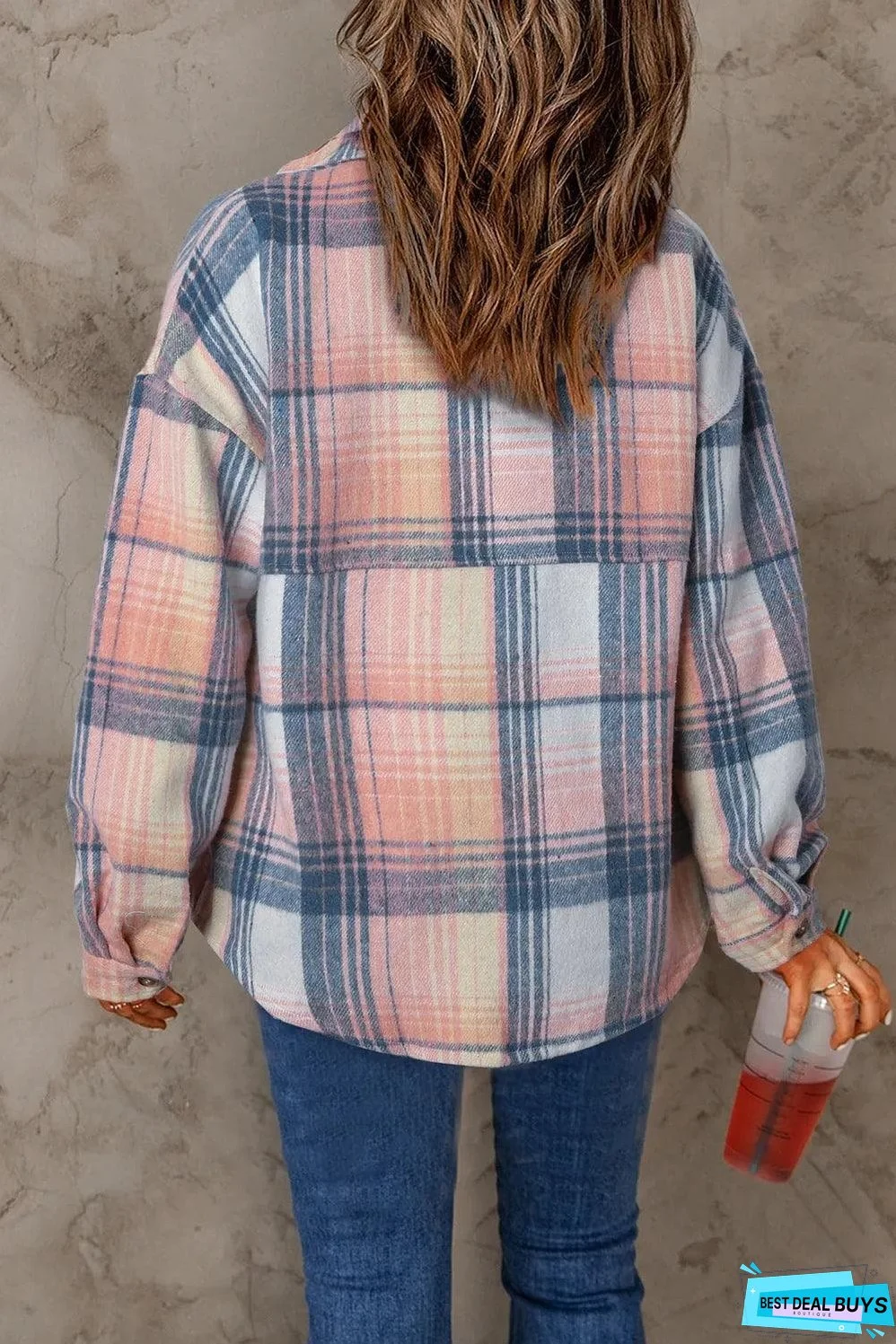 Pink Black/Pink Plaid Flap Pockets Shacket
