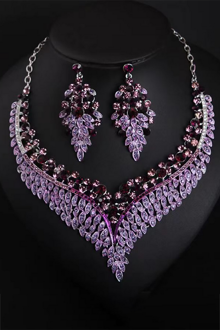 Luxury V-Shaped Rhinestone Necklace Dangle Earrings Jewelry Set-Purple