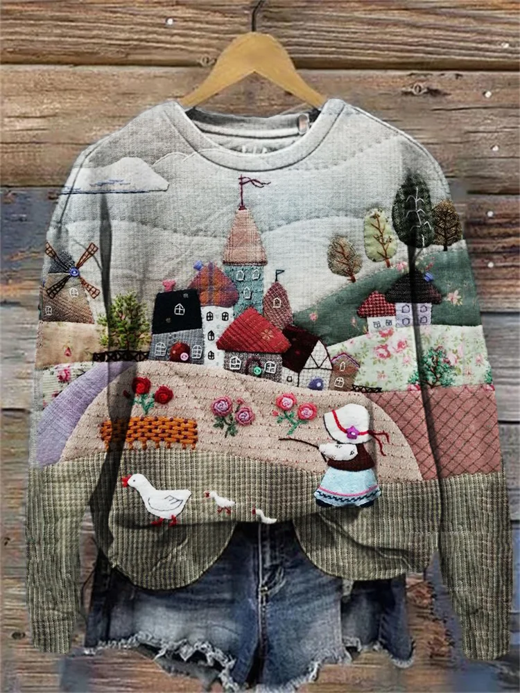 VChics Farm Cottage Girl Landscape Textile Comfy Sweatshirt