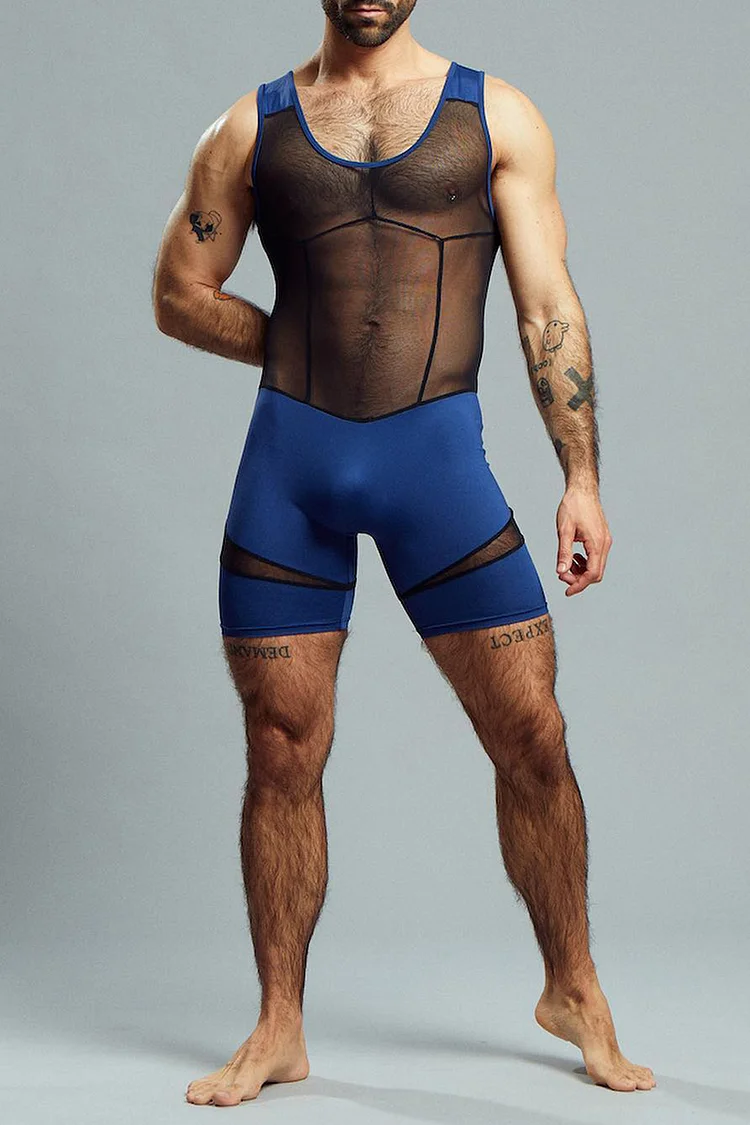 See-Through Mesh Asymmetric Patchwork Stretchy Black And Blue Singlet Romper 