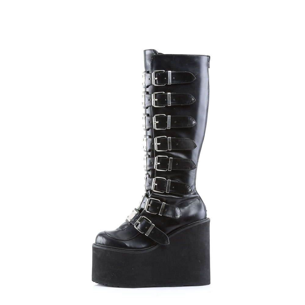 Black Round-Toe 4‘’ Wedge Heel Buckle Platform Knee-High Boots Nicepairs