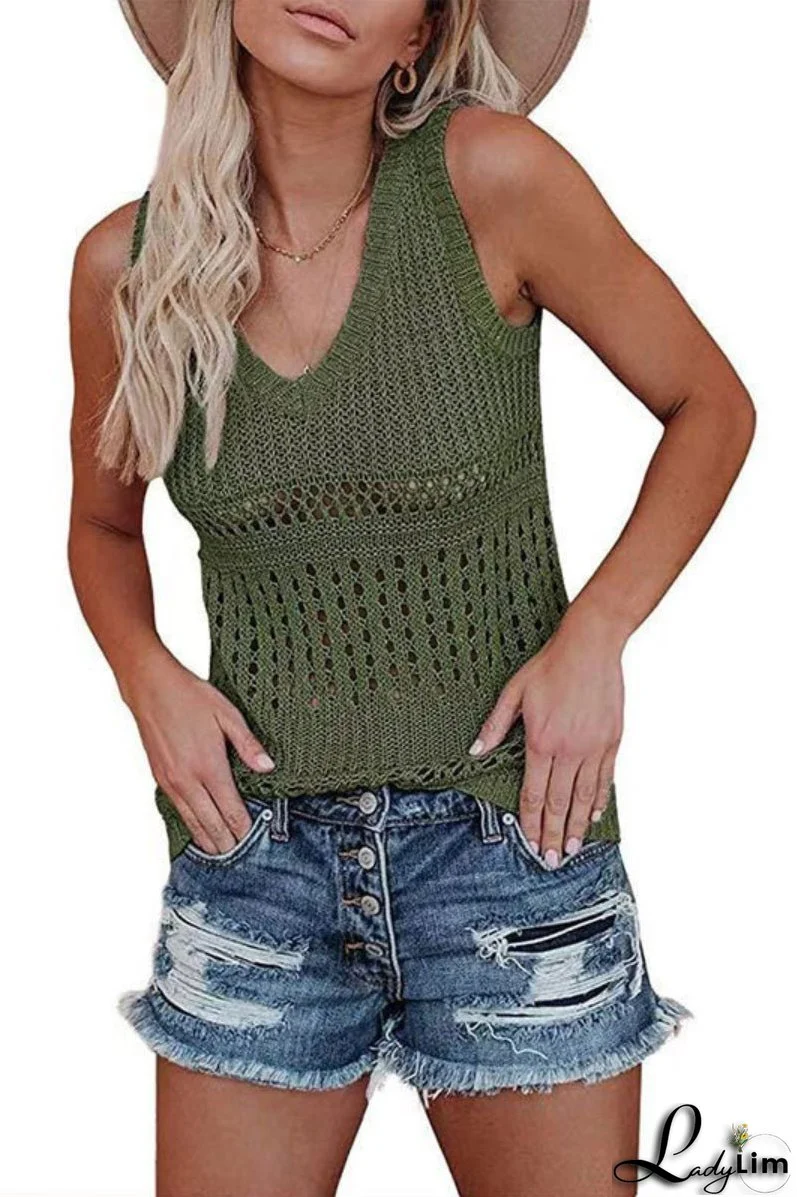 V Neck Sleeveless Hollow Out Knit Vest（2 Colors）