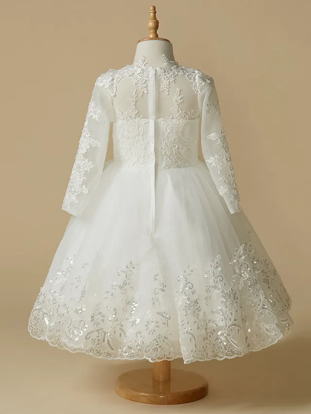Long Length Cap Sleeve Jewel Neck Flower Girl Dress with Lace Tulle Belt & Crystals Rhinestones