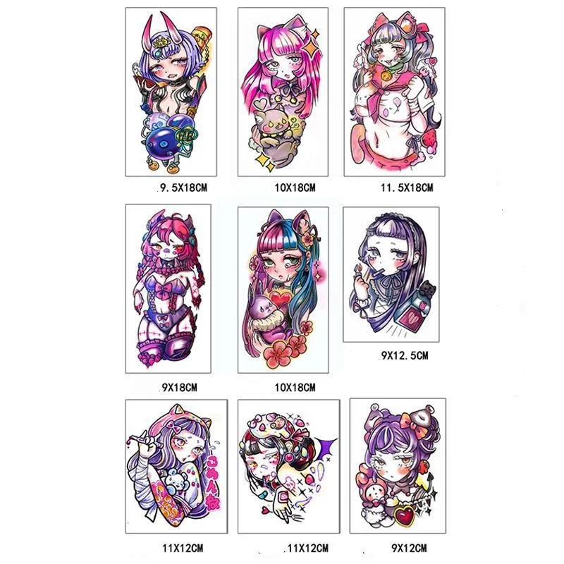 9pc/Set Dark Cartoon Girl Temporary Tattoo Stickers Female Waterproof Cool Sexy Body Art Fake Tattoo Flower Arm Tattoo Stickers