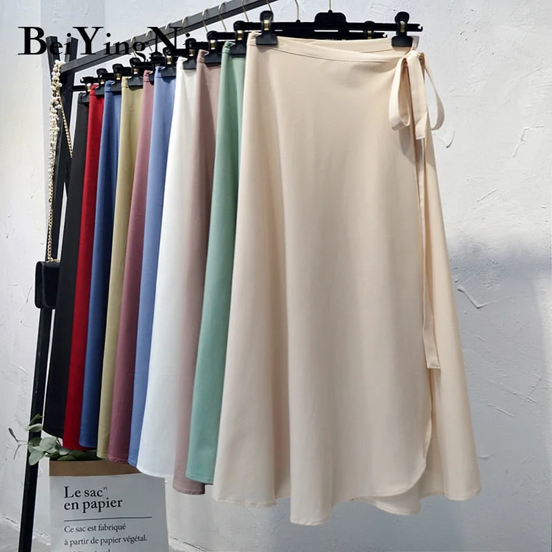Beiyingni 2021 Summer One-piece Skirts Womens Solid Floral Printed Vintage Long Midi Skirt Female 30 Colors Korean Chiffon Falda