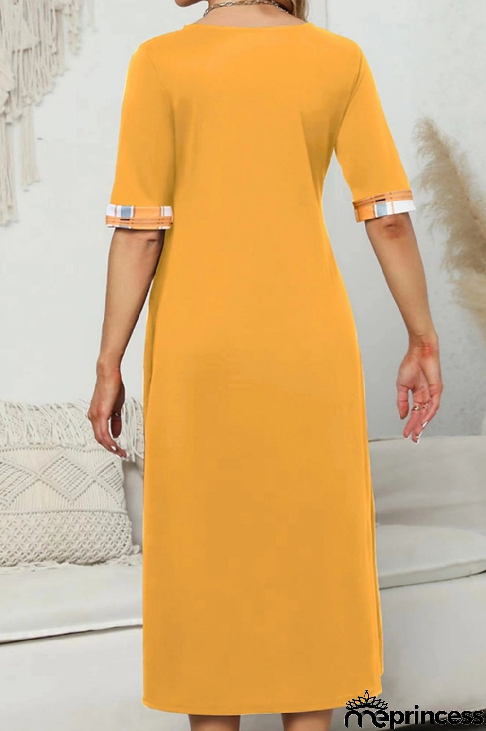 Casual Plaid Print Patchwork O Neck Short Sleeve Dress Dresses