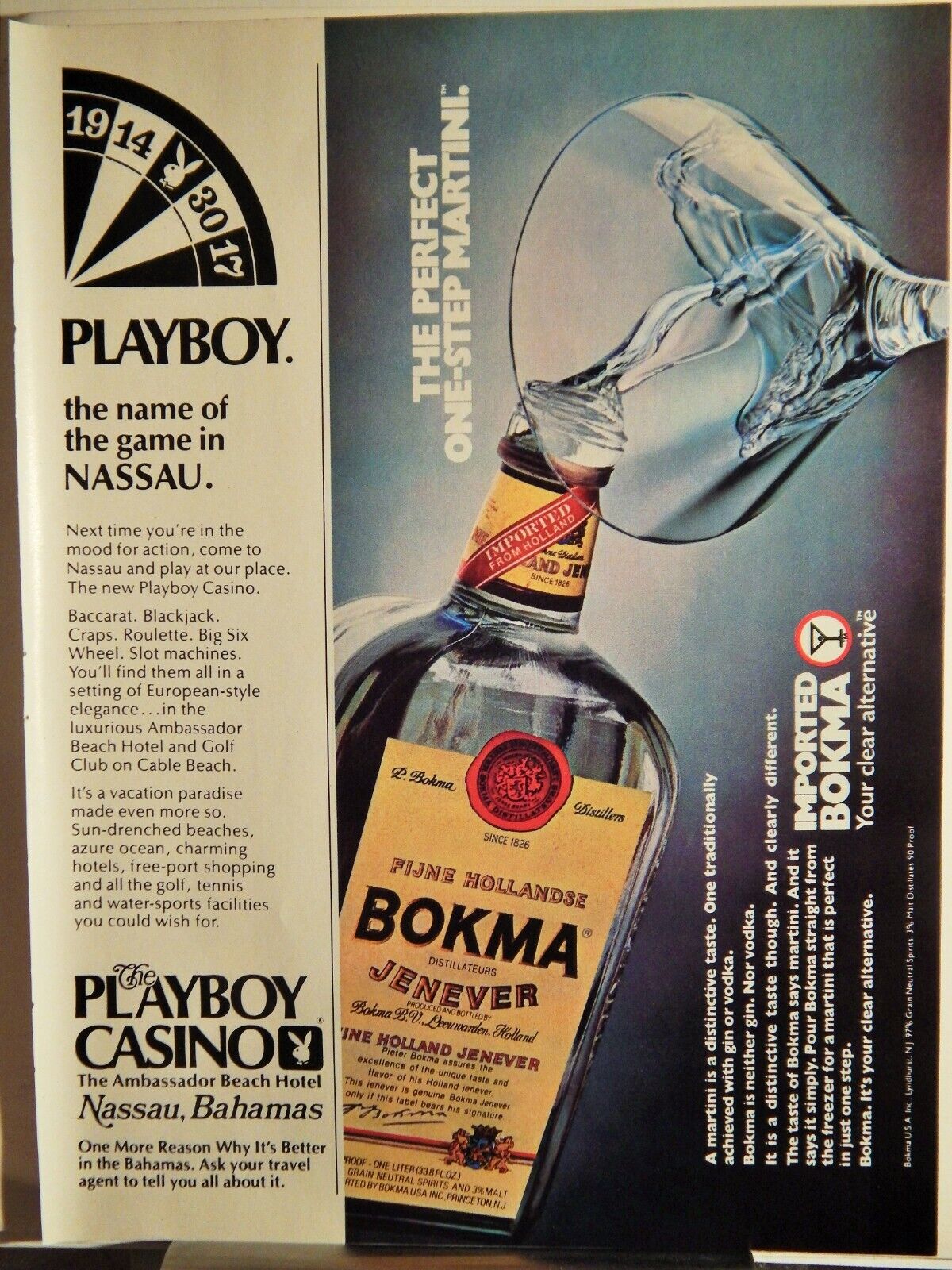 BOKMA JENEVER / PLAYBOY CASINO NASSAU/ KAMCHATKA VODKA ORIG VTG 1980 Photo Poster painting AD,