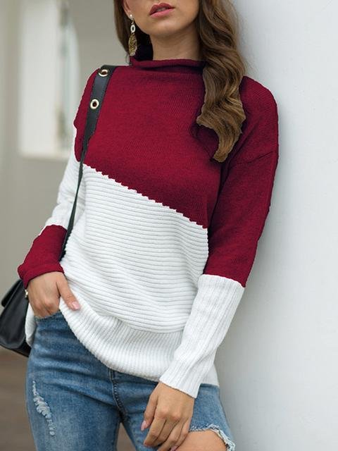 Half High Collar Color Block Pullover Sweater-elleschic