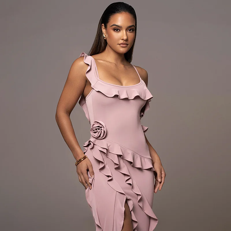 Uveng Uveng Spring Hot New Sexy Fashion Pure Color Back Open Fork Splicing Halter Dress