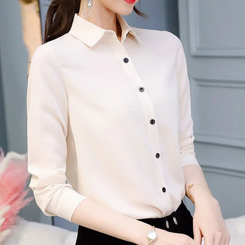 Gentillove Women Korean Solid Slim Shirt Spring Long Sleeve Lapel Office Ladies Work Blouse Slim All-match Tops Oversized Cloth