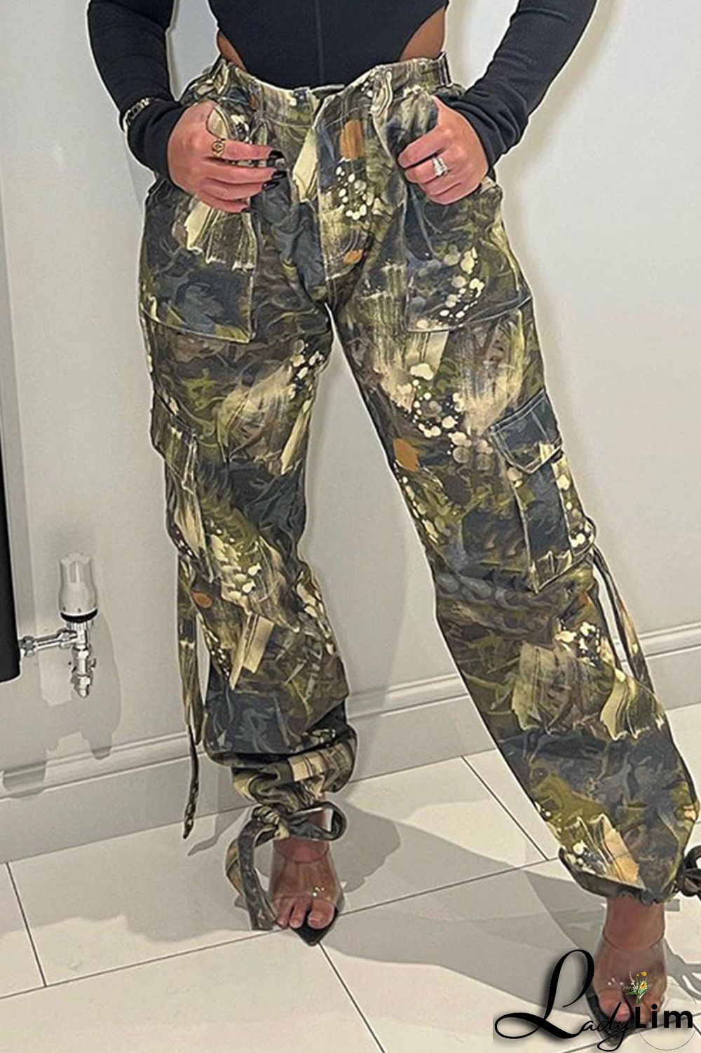 Army Green Street Print Bandage Patchwork Straight Straight Full Print Bottoms