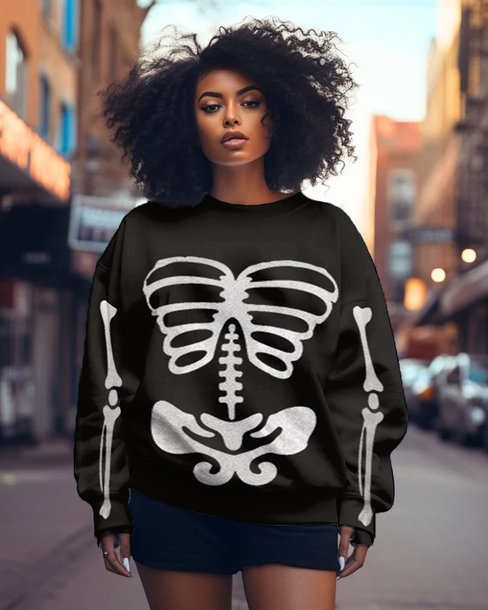 Fun Skull Print Crewneck Long Sleeve Sweatshirt