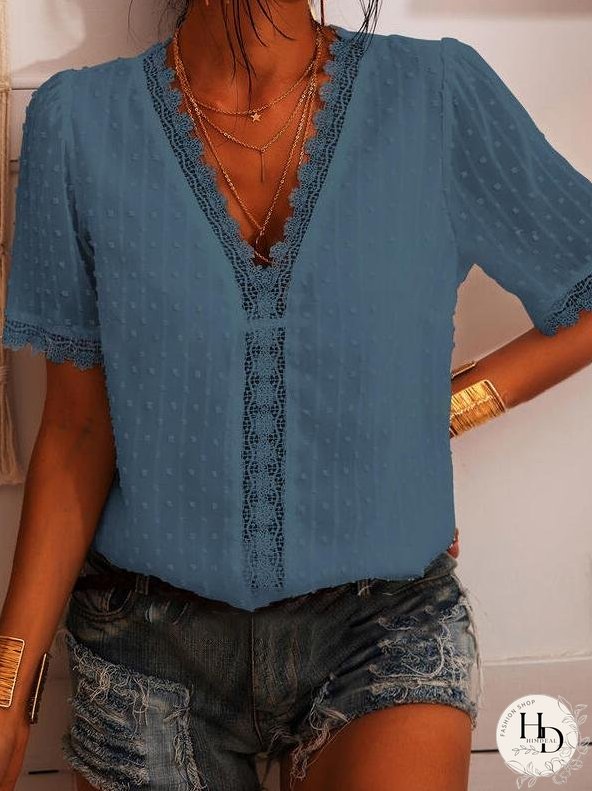 Deep V-neck Embroidered Lace Chiffon Blouse