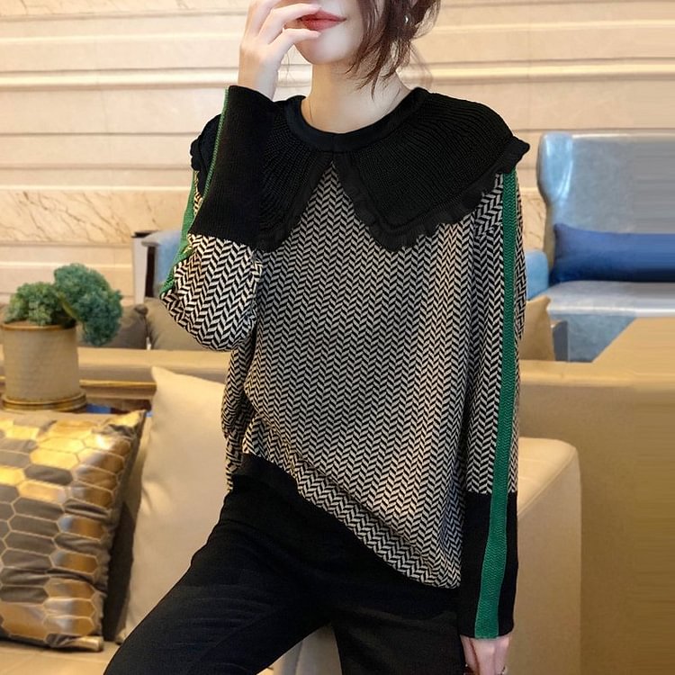 Black Paneled Geometric Casual Sweater
