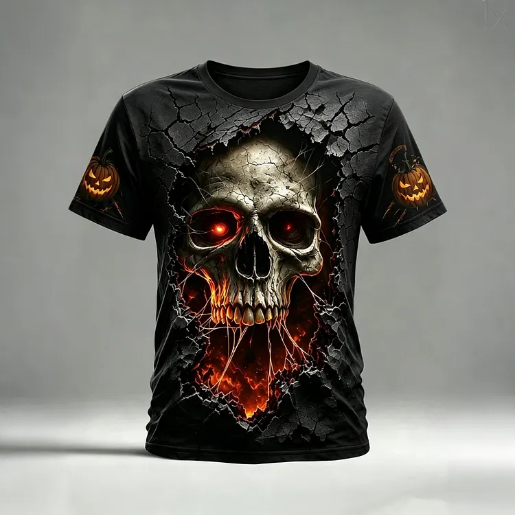 Men's Halloween Skull, Grim Reaper, And Pumpkin Print Short-sleeve T-shirt