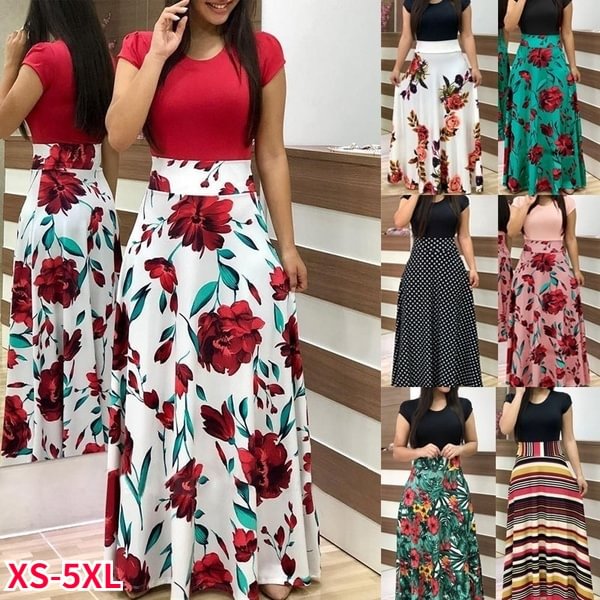 Women Fashion Floral Maxi Dress Lace Up Flower Printed Boho Short Sleeve Long Dress Plus Size XS-5XL - Shop Trendy Women's Clothing | LoverChic
