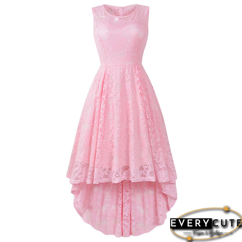 Pink Sleeveless High Low Lace Evening Dress