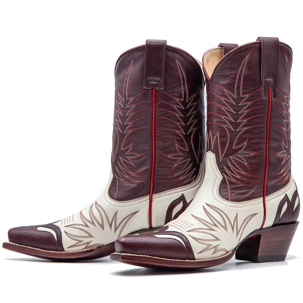 Brown & White Snip Toe Vintage Embroidered Mid-Calf Cowgirl Boots Nicepairs
