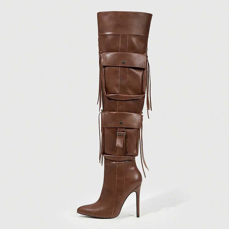 Pointed Toe Stiletto Fringe Pocket Thigh High Boots in Brown |FSJ Shoes