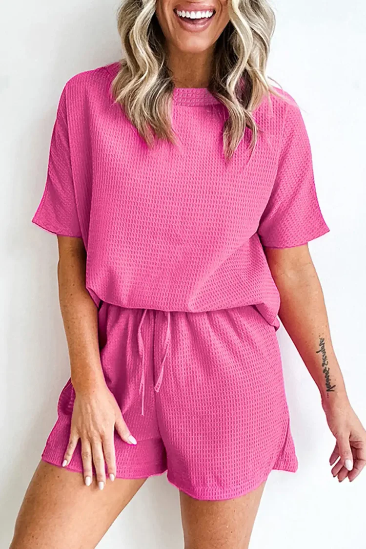 chic rose red waffle knit shorts set