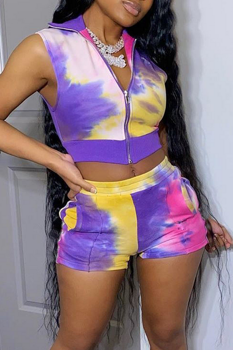 Sexy Print Split Joint Turndown Collar Sleeveless Two Pieces - BlackFridayBuys