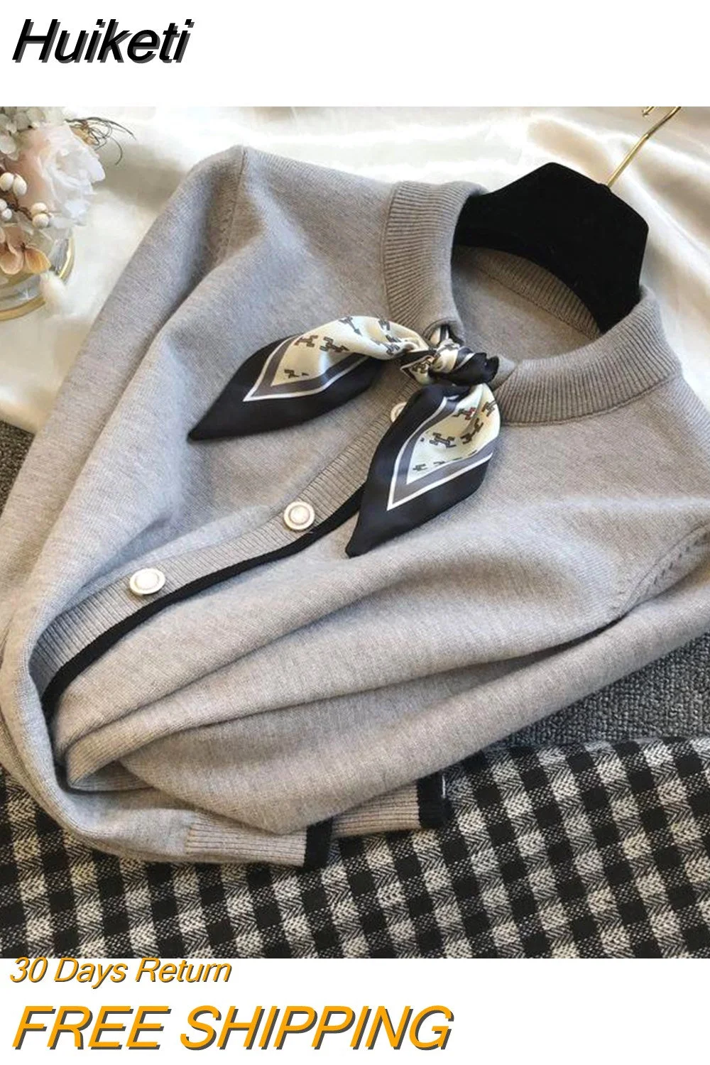 Huiketi Autumn Classic Bow Tie Design Sweater Fashion Elegant Office Bow Neckline Blouse Women Long-sleeved Pullover Knitted Sweater