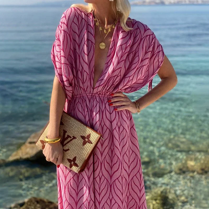 Woherb Woherb Hot Style Women's Fashion Deep V Collar Long Print Beach Holiday Dress-Outfit Ideas