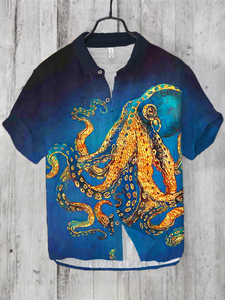menweary Ocean Octopus Japanese Art Linen Linen Blend Shirt
