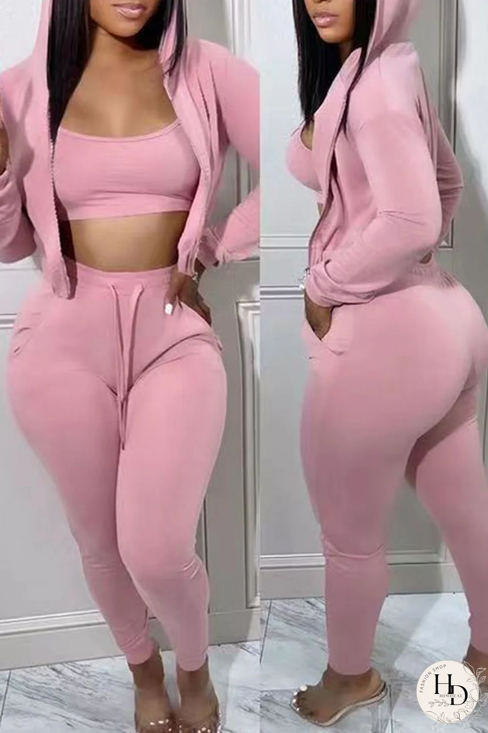 Pink Casual Solid Patchwork Hooded Collar Long Sleeve Three Pieces