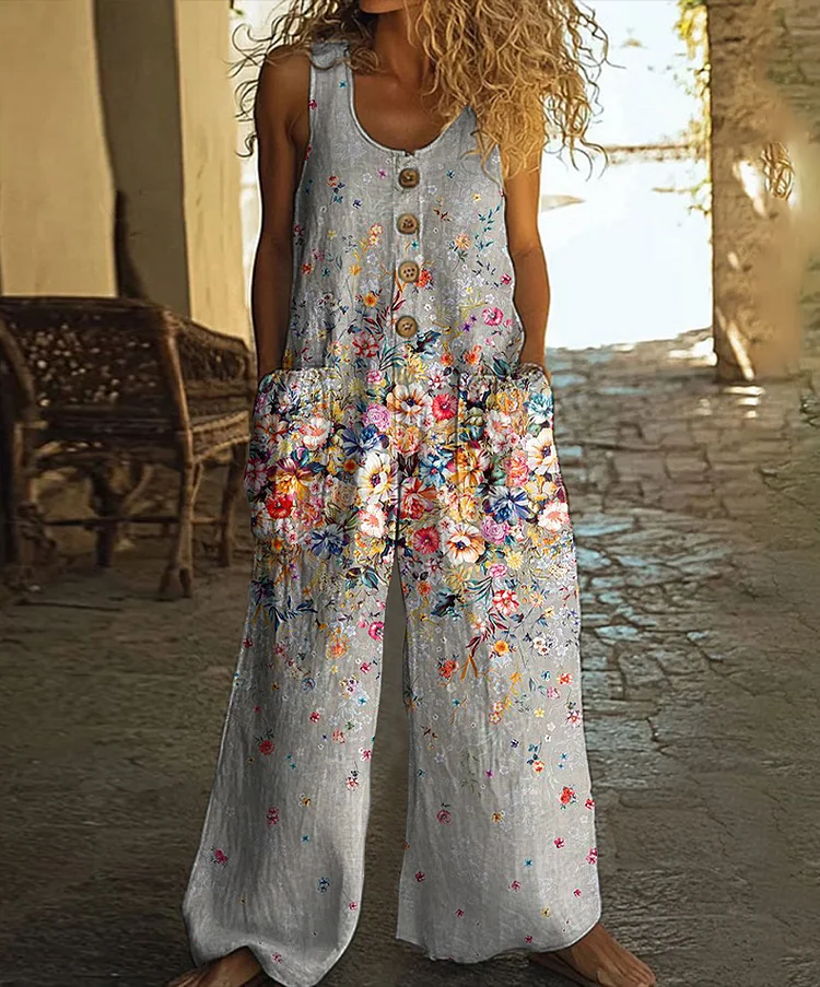 Vintage Floral Art Print Casual Wide Leg Jumpsuit
