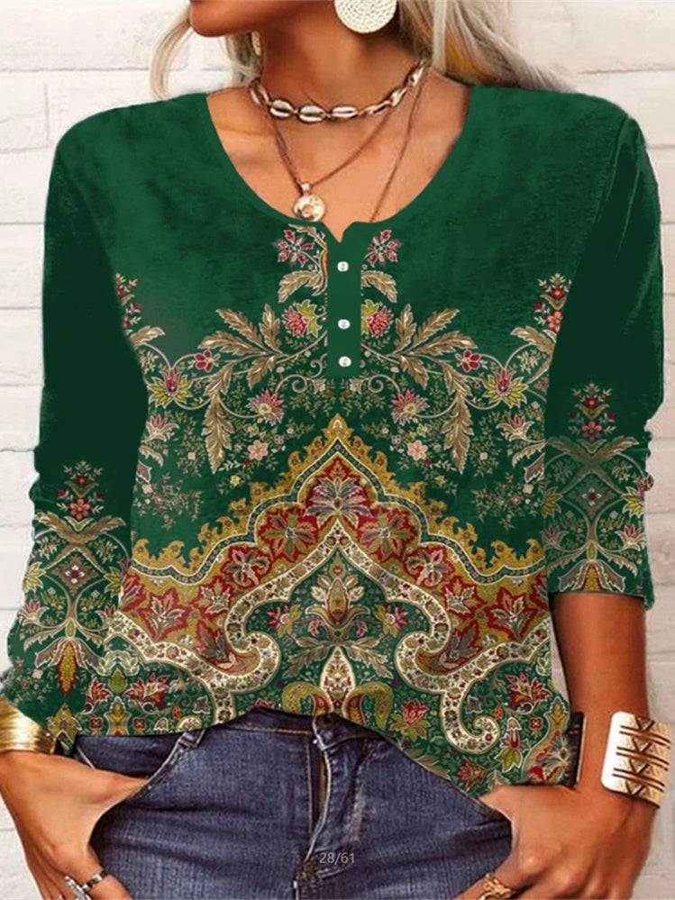 Women Long Sleeve V-neck Graphic Floral Printed Top