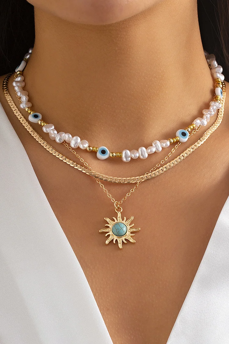 Beads Chain Tribal Sun Decor Pearl Layered Vintage Necklace