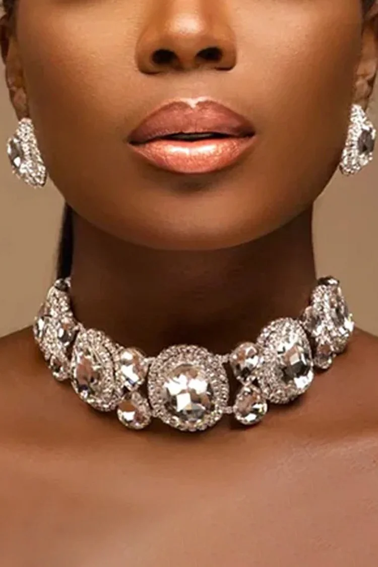 Fashion Exaggerated Rhinestone Earrings Choker Necklace Jewelry Set 2024 - Xpluswear