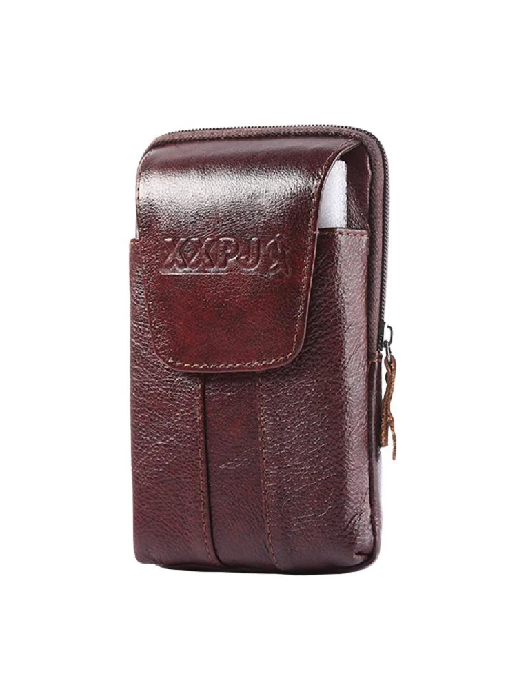 Men Cowhide Leather Fanny Waist Bag Solid Phone Purse Belt Pouch (Wine Red)