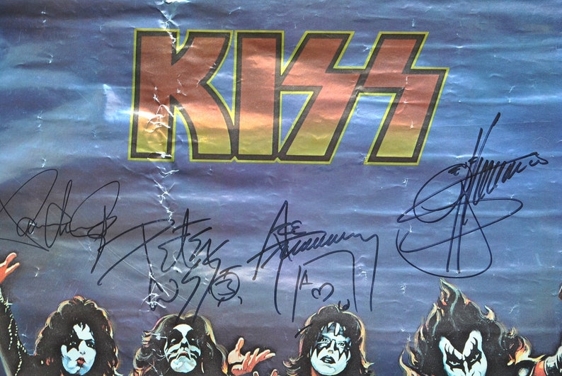 KISS DESTROYER SIGNED Foil Aucoin Poster X4 Retro Army Gene Simmons , Peter Criss, Ace Frehley, Paul Stanley wcoa