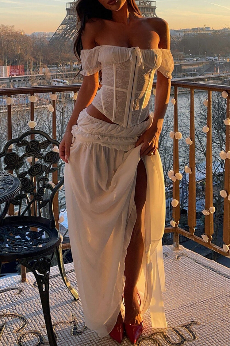 Off Shoulder Lace Corset Frilled Maxi Skirt 2pcs Set-White [Pre Order]