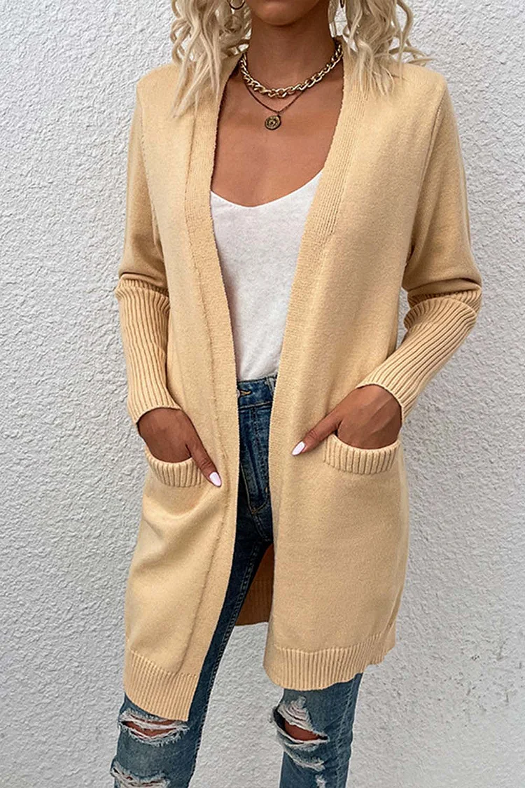 Mid-Length Solid Color Pocket Knit Cardigan