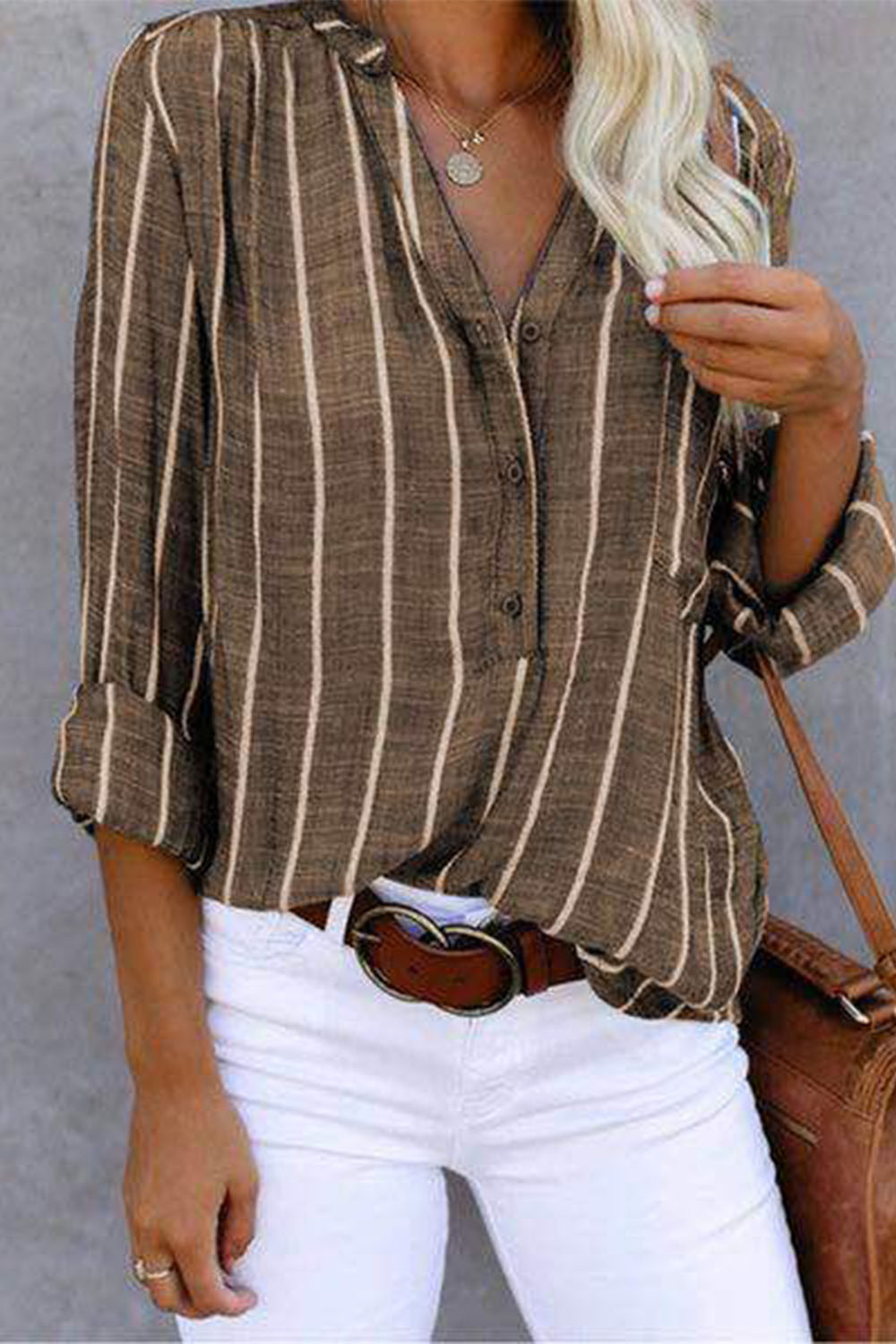Plus Size Everyday Dark Gray Stripe Print Pocket Half Button Long Sleeve Blouse 2024 - Flycurvy 