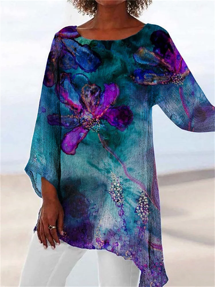 Abstract Flowers Watercolor Art Asymmetric Flowy Tunic