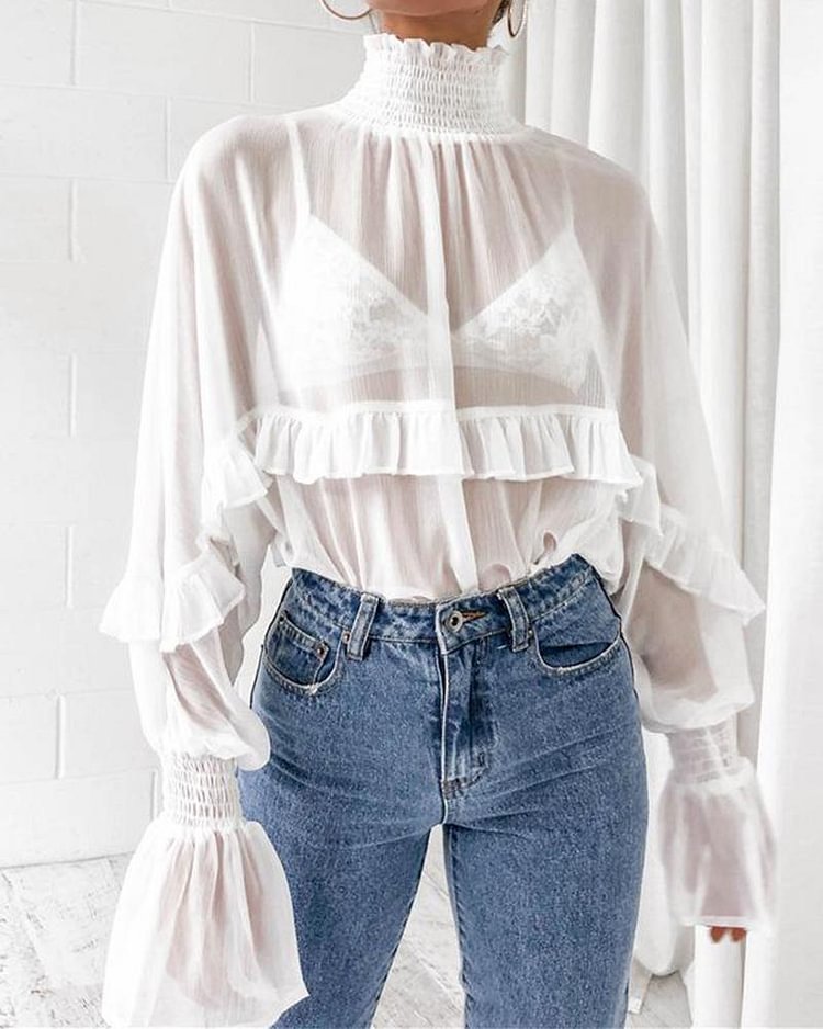 Mock Neck Sheer Chiffon Tops