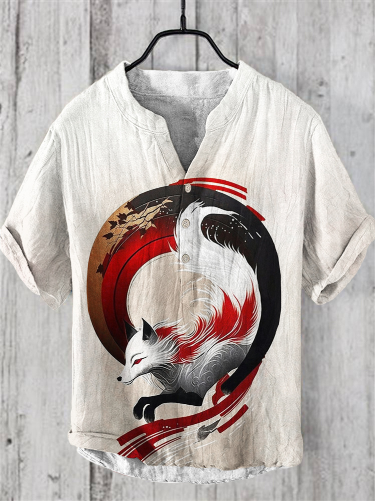 menweary Fox Japanese Art Linen V-Neck Short Sleeve Shirt